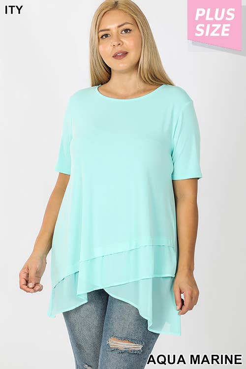 PLUS SHORT SLEEVE ITY FRONT OVERLAP CHIFFON TOP