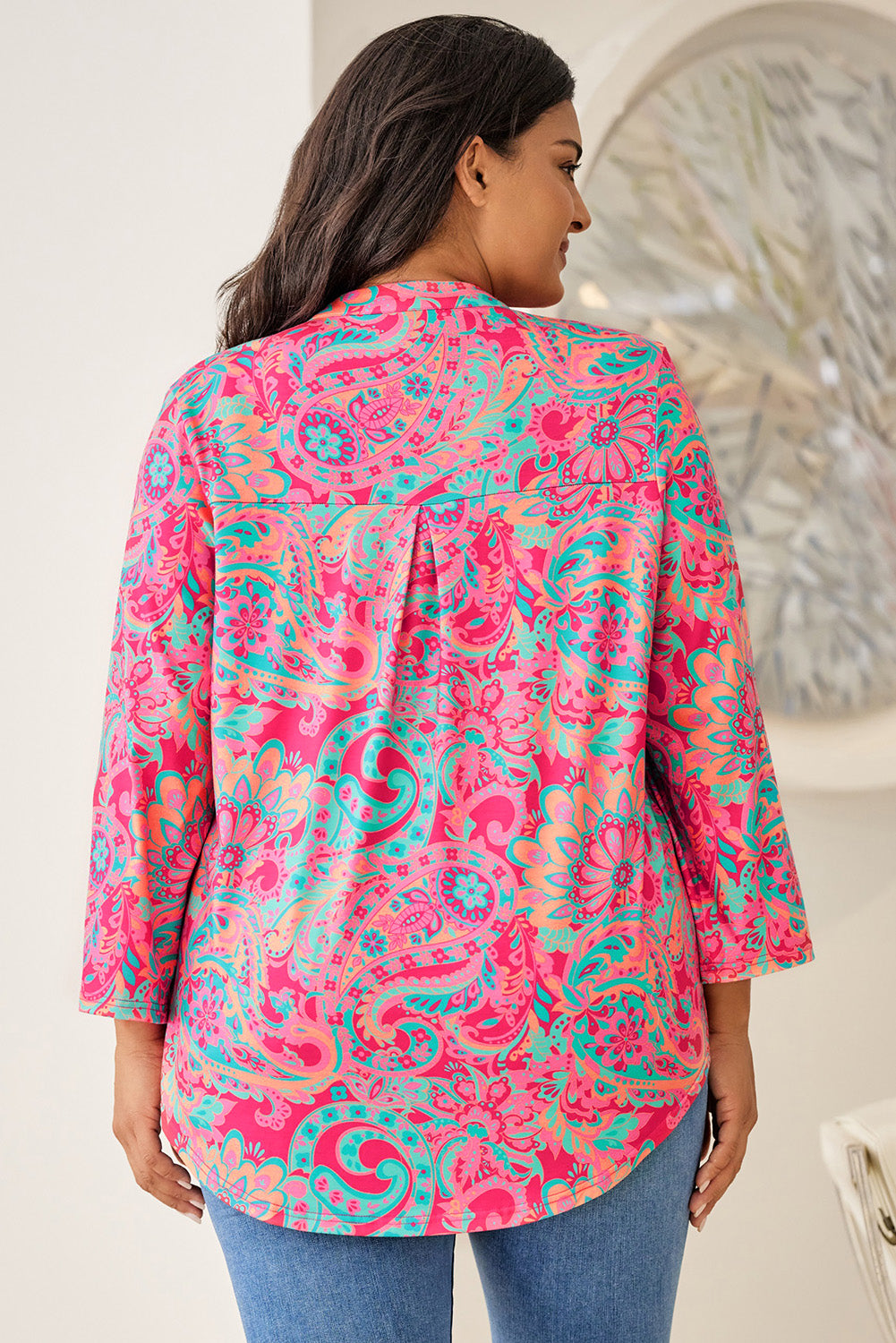 Paisley V Neck Roll Tabe Sleeve Blouse