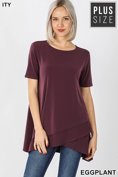 PLUS SHORT SLEEVE ITY FRONT OVERLAP CHIFFON TOP