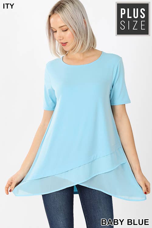 PLUS SHORT SLEEVE ITY FRONT OVERLAP CHIFFON TOP