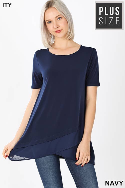 PLUS SHORT SLEEVE ITY FRONT OVERLAP CHIFFON TOP