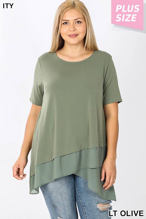 PLUS SHORT SLEEVE ITY FRONT OVERLAP CHIFFON TOP