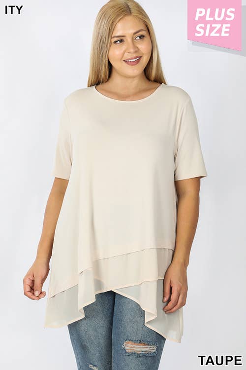 PLUS SHORT SLEEVE ITY FRONT OVERLAP CHIFFON TOP