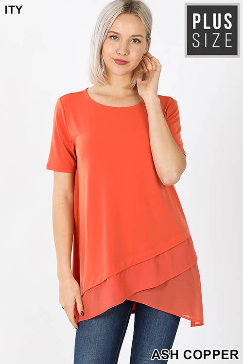 PLUS SHORT SLEEVE ITY FRONT OVERLAP CHIFFON TOP