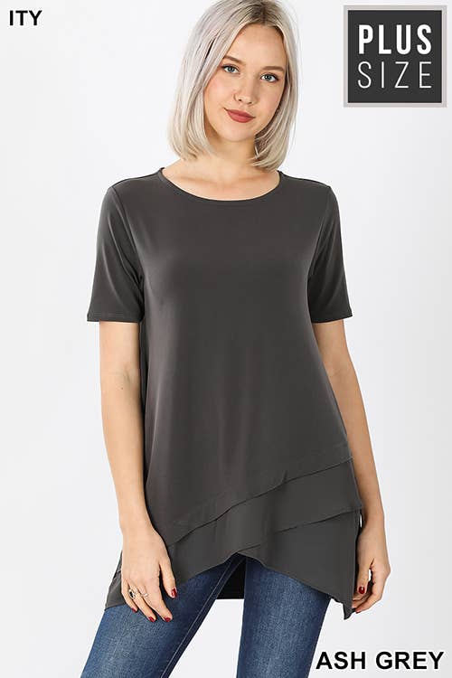 PLUS SHORT SLEEVE ITY FRONT OVERLAP CHIFFON TOP