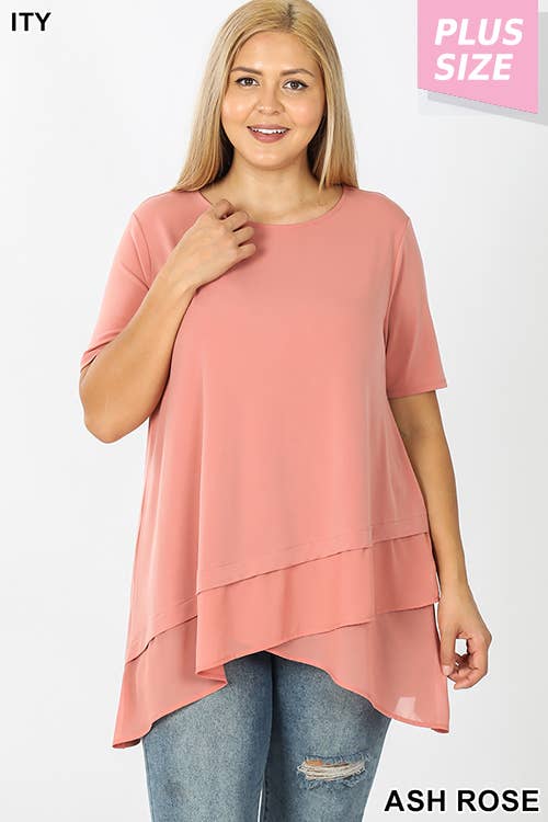 PLUS SHORT SLEEVE ITY FRONT OVERLAP CHIFFON TOP