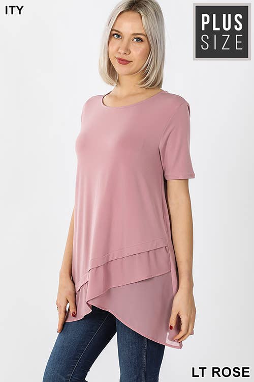 PLUS SHORT SLEEVE ITY FRONT OVERLAP CHIFFON TOP