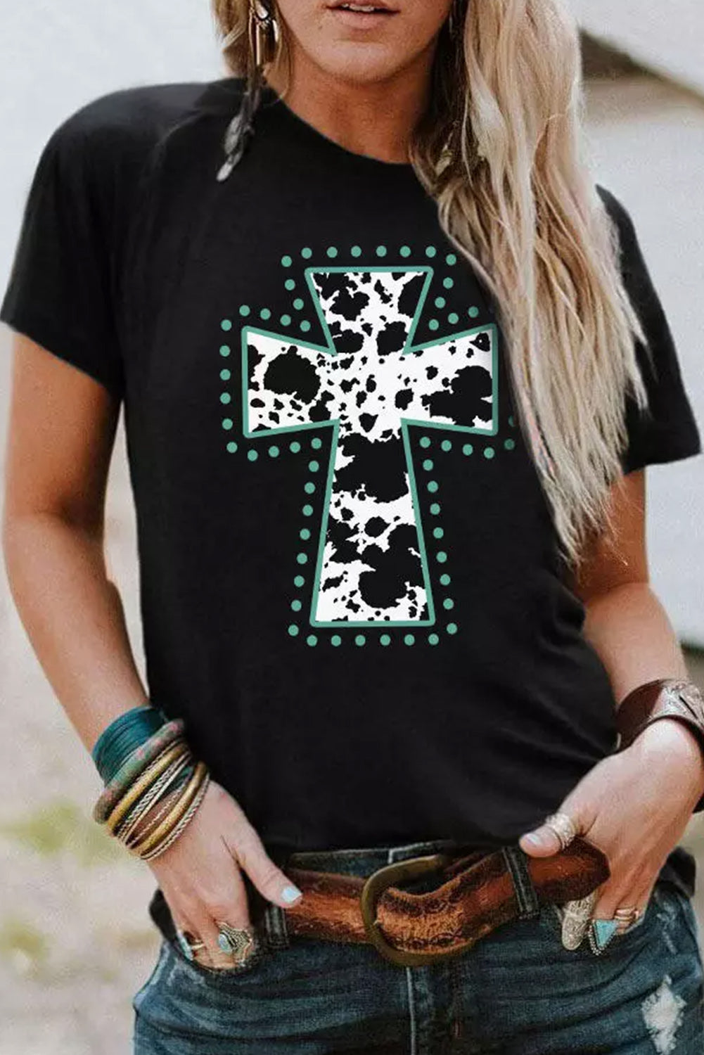 Black Animal Print Cross Tee