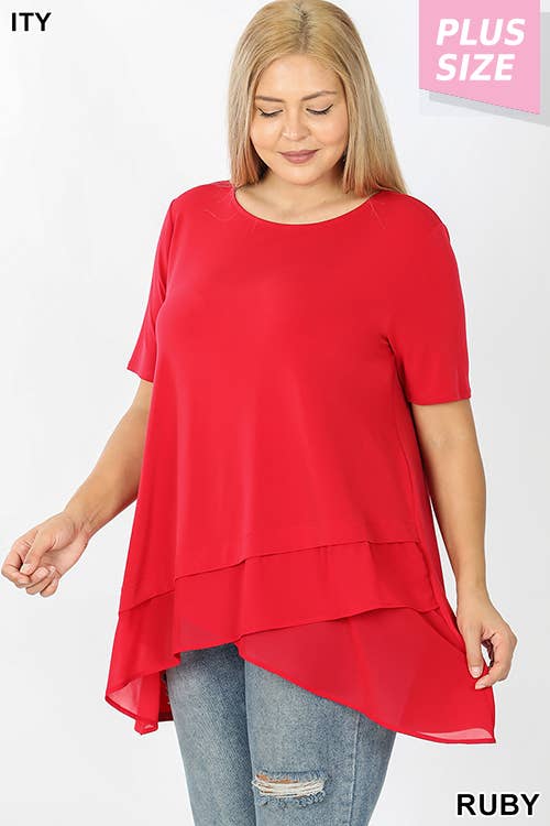 PLUS SHORT SLEEVE ITY FRONT OVERLAP CHIFFON TOP