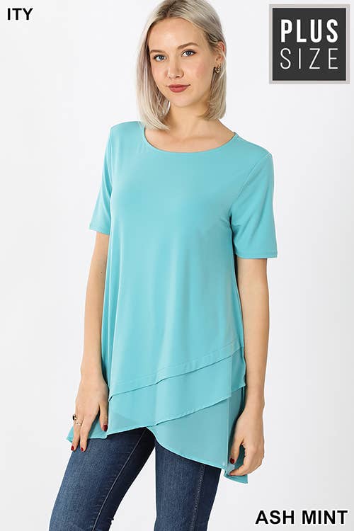 PLUS SHORT SLEEVE ITY FRONT OVERLAP CHIFFON TOP