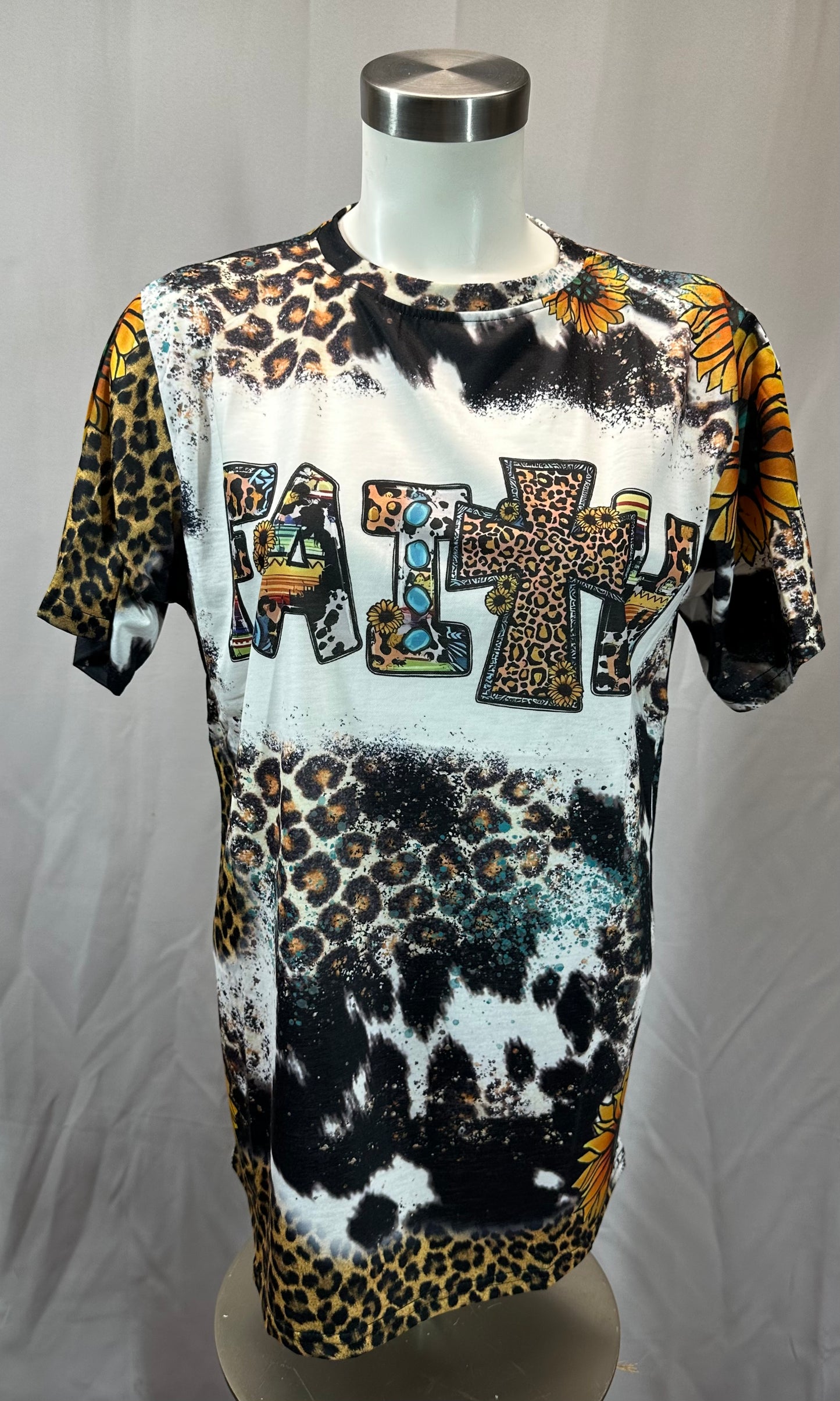 FAITH SUNFLOWER CHEETAH COW FAUX BLEACHED TOP