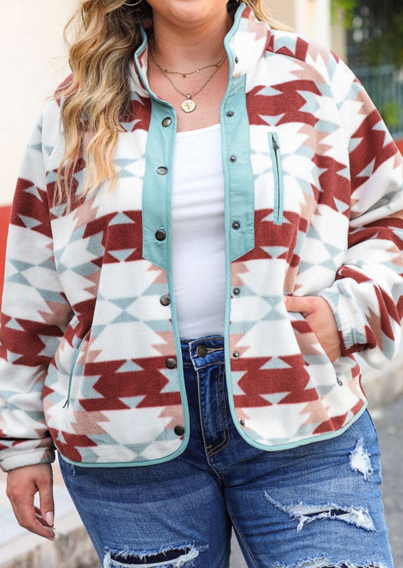 Fiery Red Aztec Plus Size Fleece Jacket