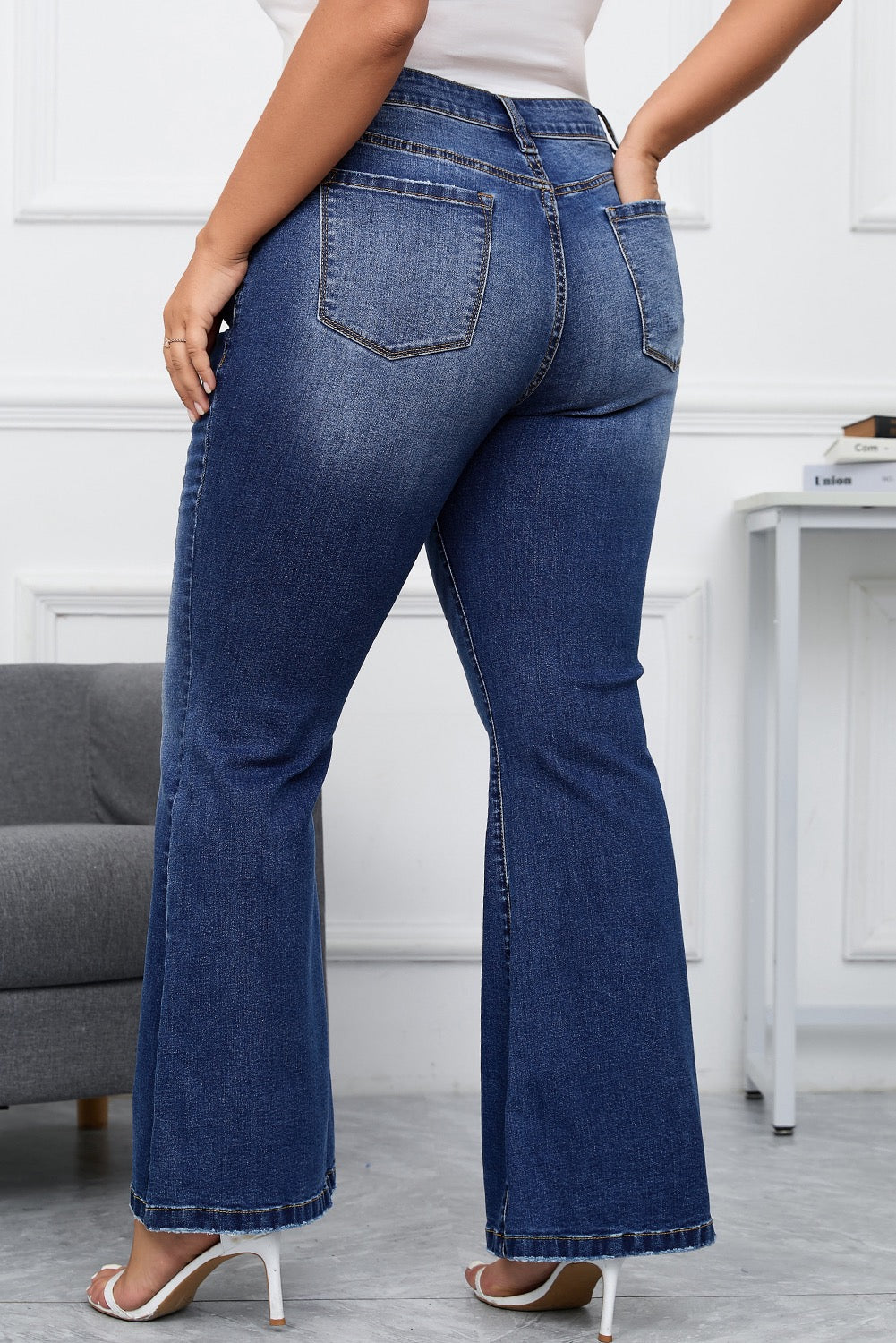 Dark Blue Washed Plus Sized Flared Jeans