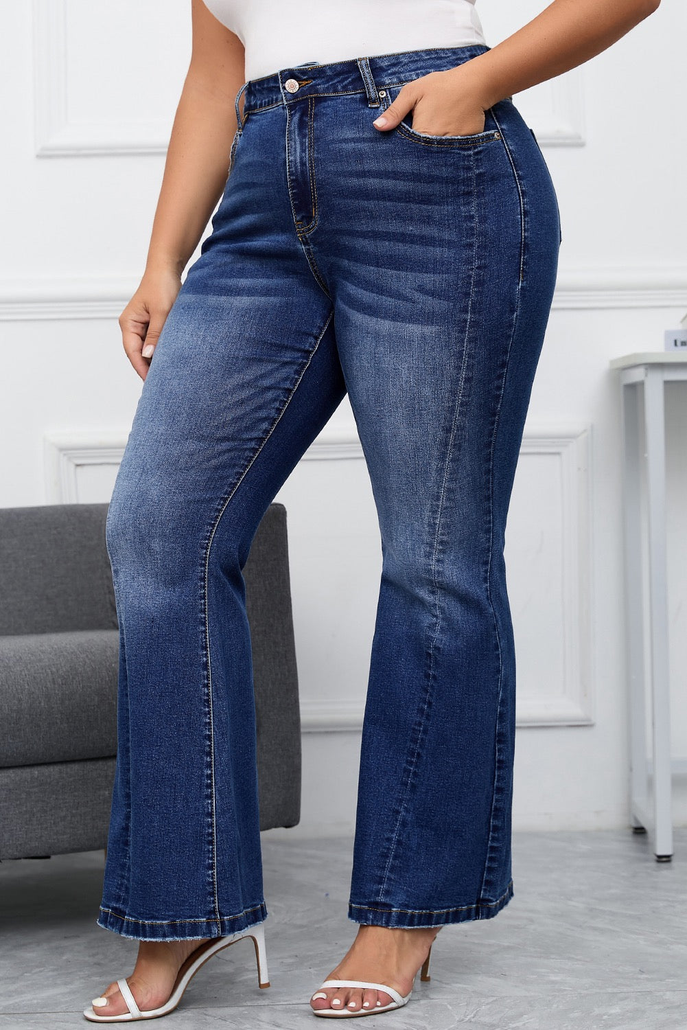 Dark Blue Washed Plus Sized Flared Jeans