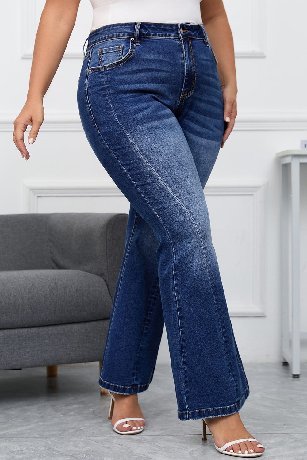 Dark Blue Washed Plus Sized Flared Jeans