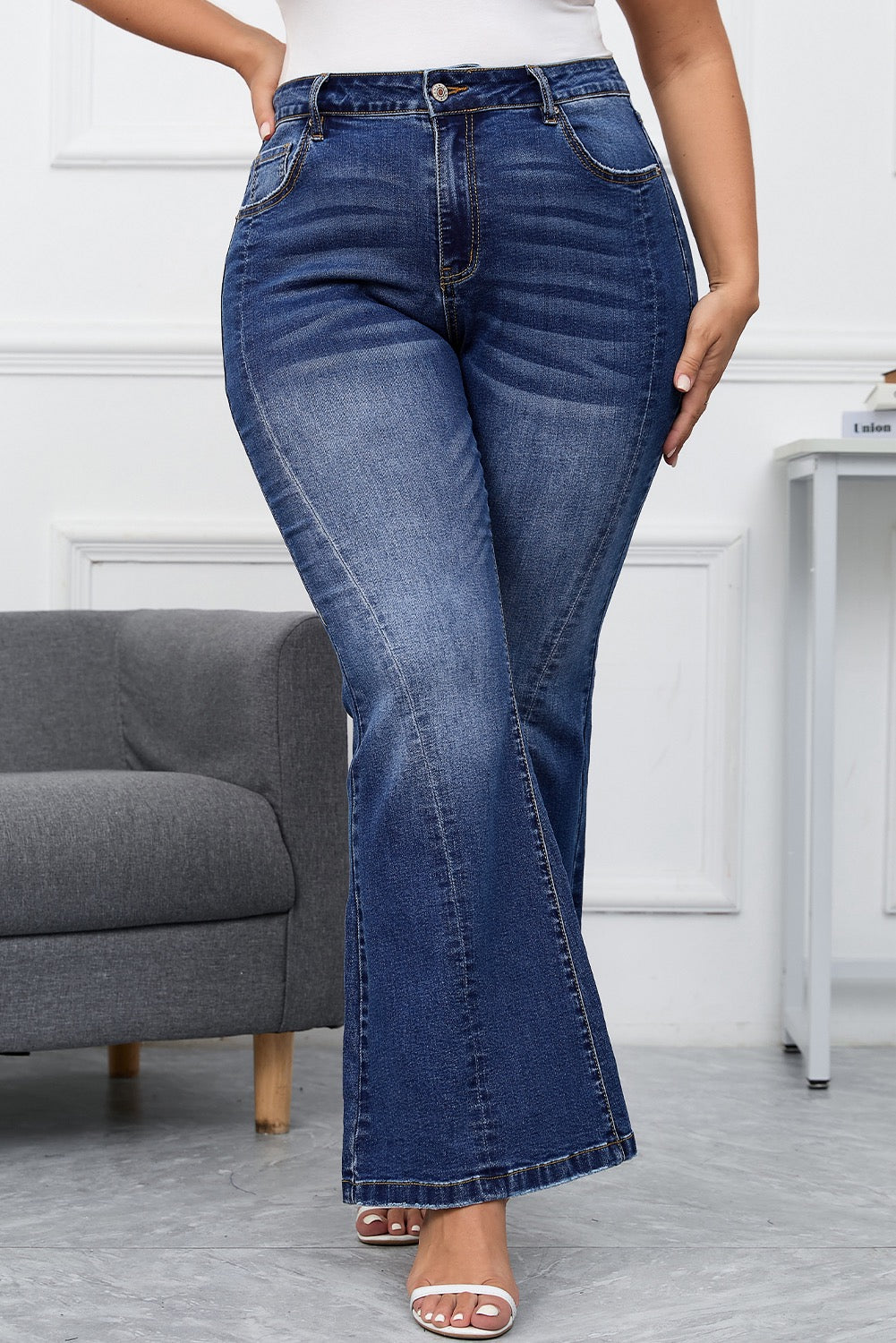 Dark Blue Washed Plus Sized Flared Jeans