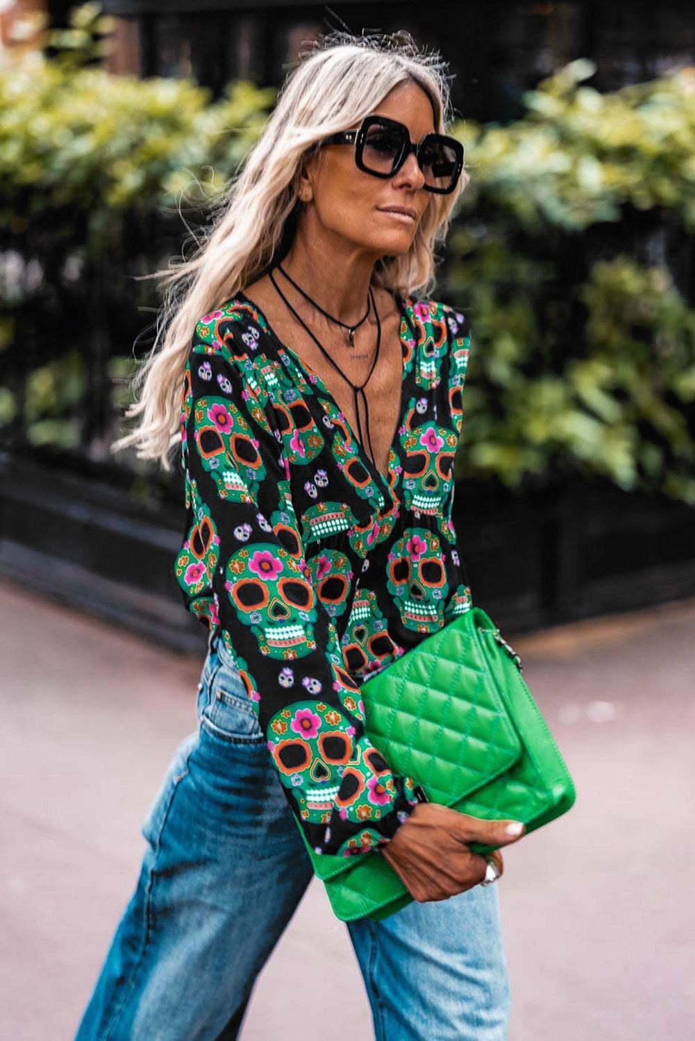 Sugar Skull Printed V-Neck Blouse