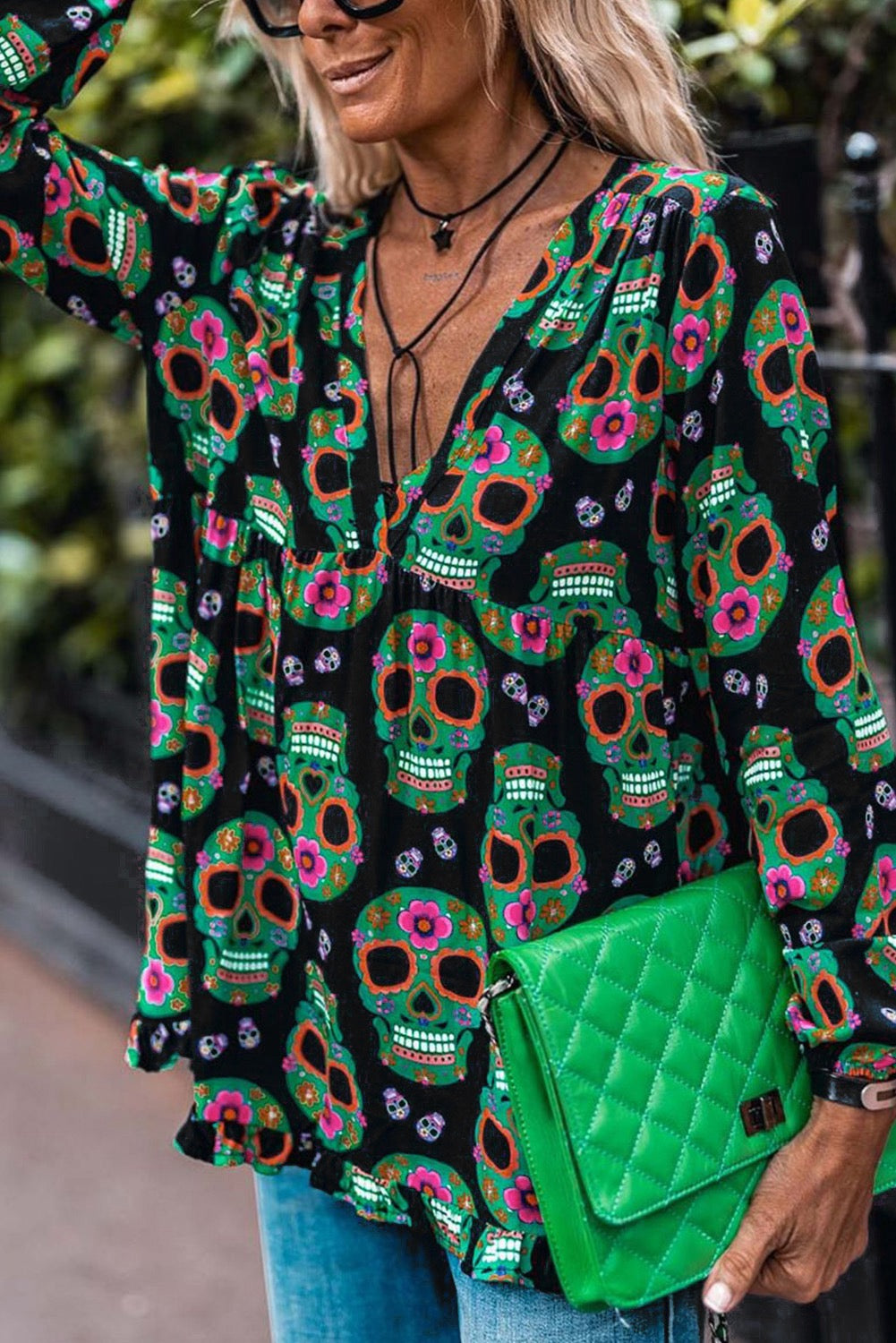 Sugar Skull Printed V-Neck Blouse