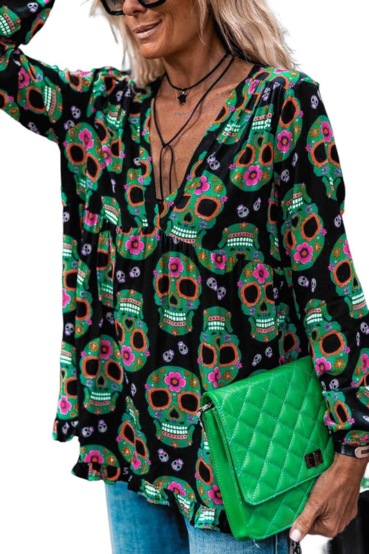 Sugar Skull Printed V-Neck Blouse