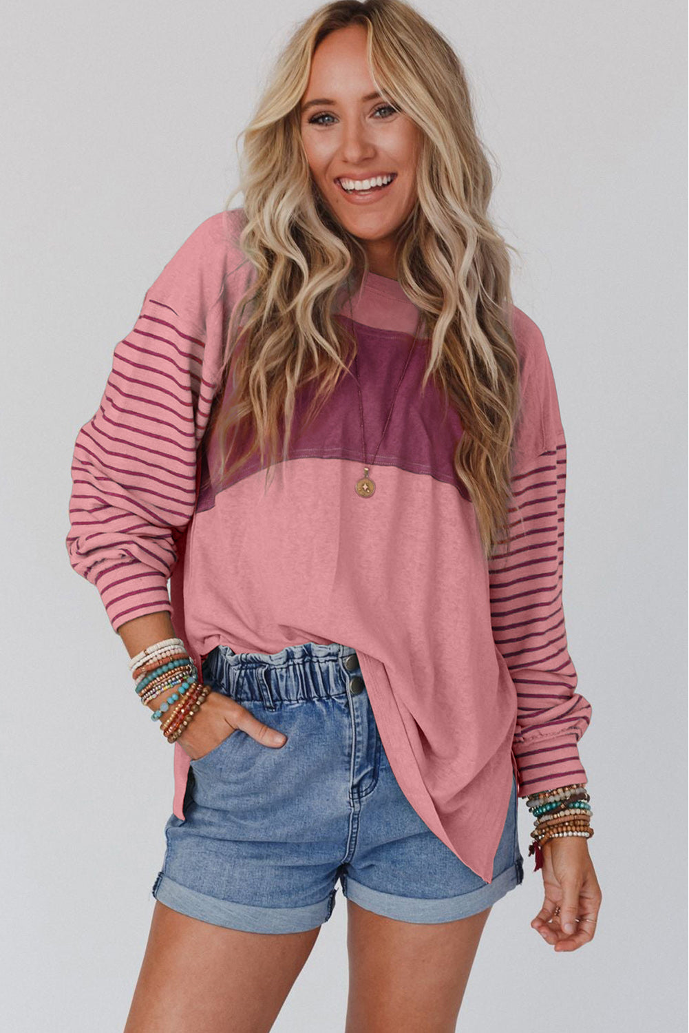 Peach Blossom Striped Sleeve Top