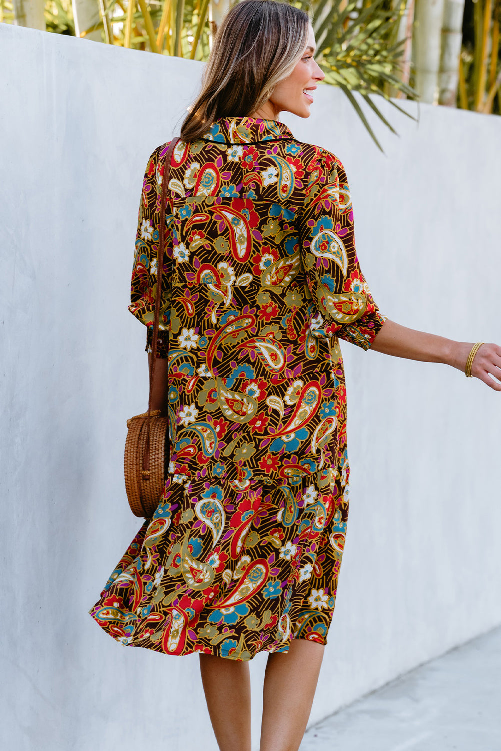 Yellow Paisley Mixed Print Midi Dress