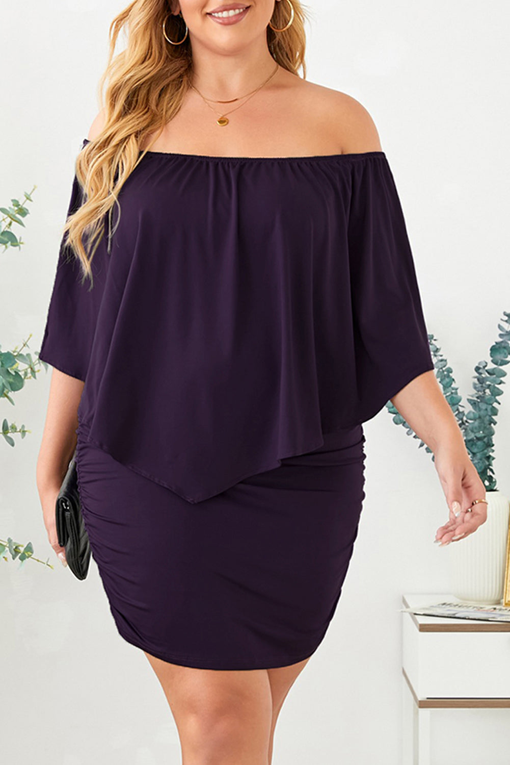 Plus size Dressing Layered Purple Mini Poncho Dress