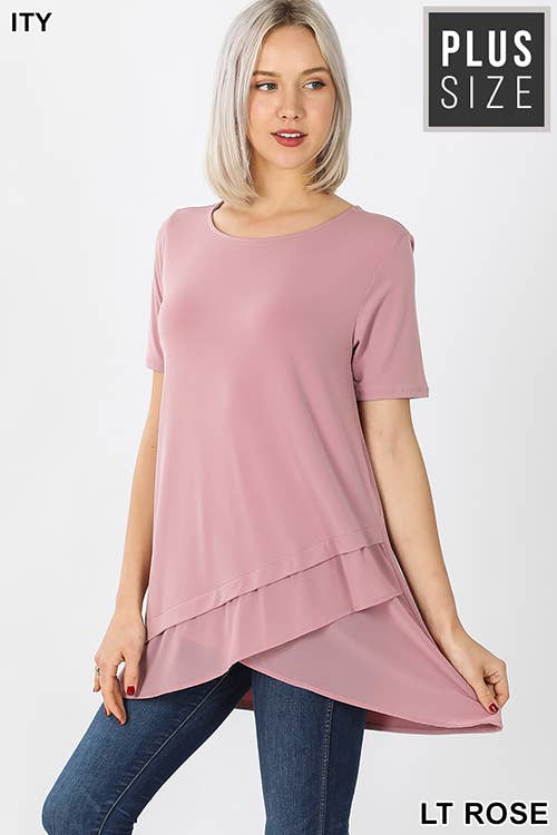 PLUS SHORT SLEEVE ITY FRONT OVERLAP CHIFFON TOP