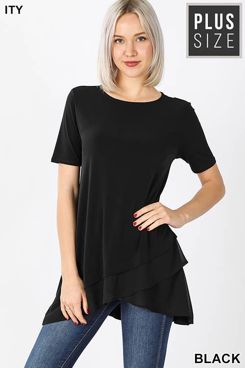 PLUS SHORT SLEEVE ITY FRONT OVERLAP CHIFFON TOP