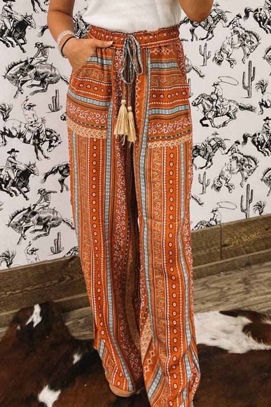 Gold Flame Boho Printed Tassel Drawstring Wide Leg Pants