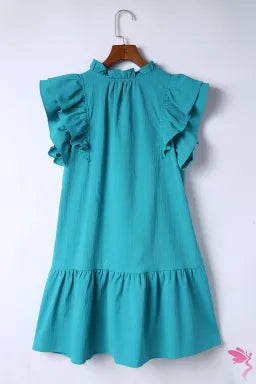 Green Tiered Ruffled Sleeves Mini Dress with Pockets