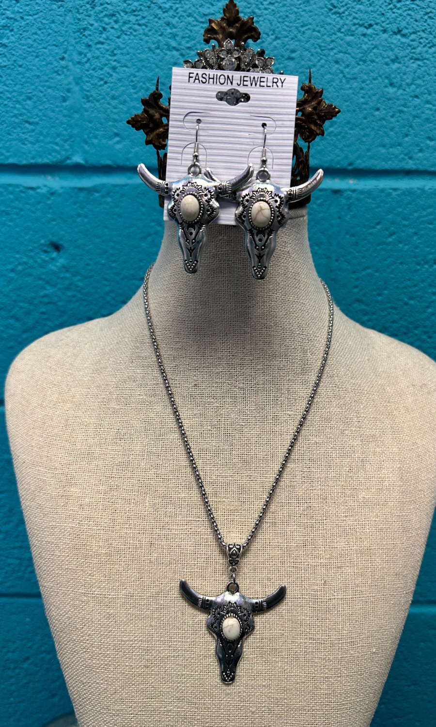 Aztec Cow Head Necklace and Earring Set