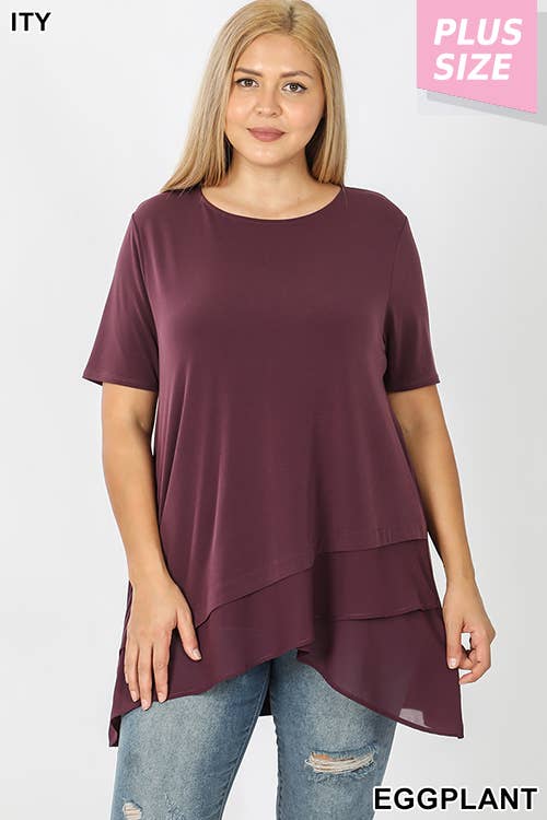 PLUS SHORT SLEEVE ITY FRONT OVERLAP CHIFFON TOP